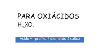 PARA OXIÁCIDOS
HmXOn
Ácido + prefixo  elemento  sufixo
 
