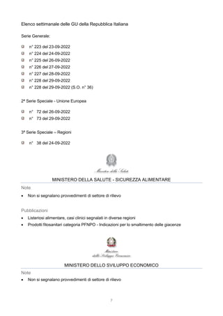 7
Elenco settimanale delle GU della Repubblica Italiana
Serie Generale:
n° 223 del 23-09-2022
n° 224 del 24-09-2022
n° 225 del 26-09-2022
n° 226 del 27-09-2022
n° 227 del 28-09-2022
n° 228 del 29-09-2022
n° 228 del 29-09-2022 (S.O. n° 36)
2ª Serie Speciale - Unione Europea
n° 72 del 26-09-2022
n° 73 del 29-09-2022
3ª Serie Speciale – Regioni
n° 38 del 24-09-2022
MINISTERO DELLA SALUTE - SICUREZZA ALIMENTARE
Note
 Non si segnalano provvedimenti di settore di rilievo
Pubblicazioni
 Listeriosi alimentare, casi clinici segnalati in diverse regioni
 Prodotti fitosanitari categoria PFNPO - Indicazioni per lo smaltimento delle giacenze
MINISTERO DELLO SVILUPPO ECONOMICO
Note
 Non si segnalano provvedimenti di settore di rilievo
 