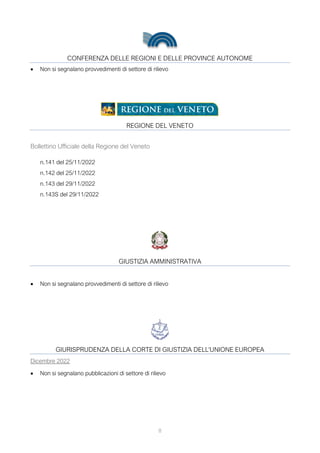 8
CONFERENZA DELLE REGIONI E DELLE PROVINCE AUTONOME
• Non si segnalano provvedimenti di settore di rilievo
REGIONE DEL VENETO
Bollettino Ufficiale della Regione del Veneto
n.141 del 25/11/2022
n.142 del 25/11/2022
n.143 del 29/11/2022
n.143S del 29/11/2022
GIUSTIZIA AMMINISTRATIVA
• Non si segnalano provvedimenti di settore di rilievo
GIURISPRUDENZA DELLA CORTE DI GIUSTIZIA DELL'UNIONE EUROPEA
Dicembre 2022
• Non si segnalano pubblicazioni di settore di rilievo
 