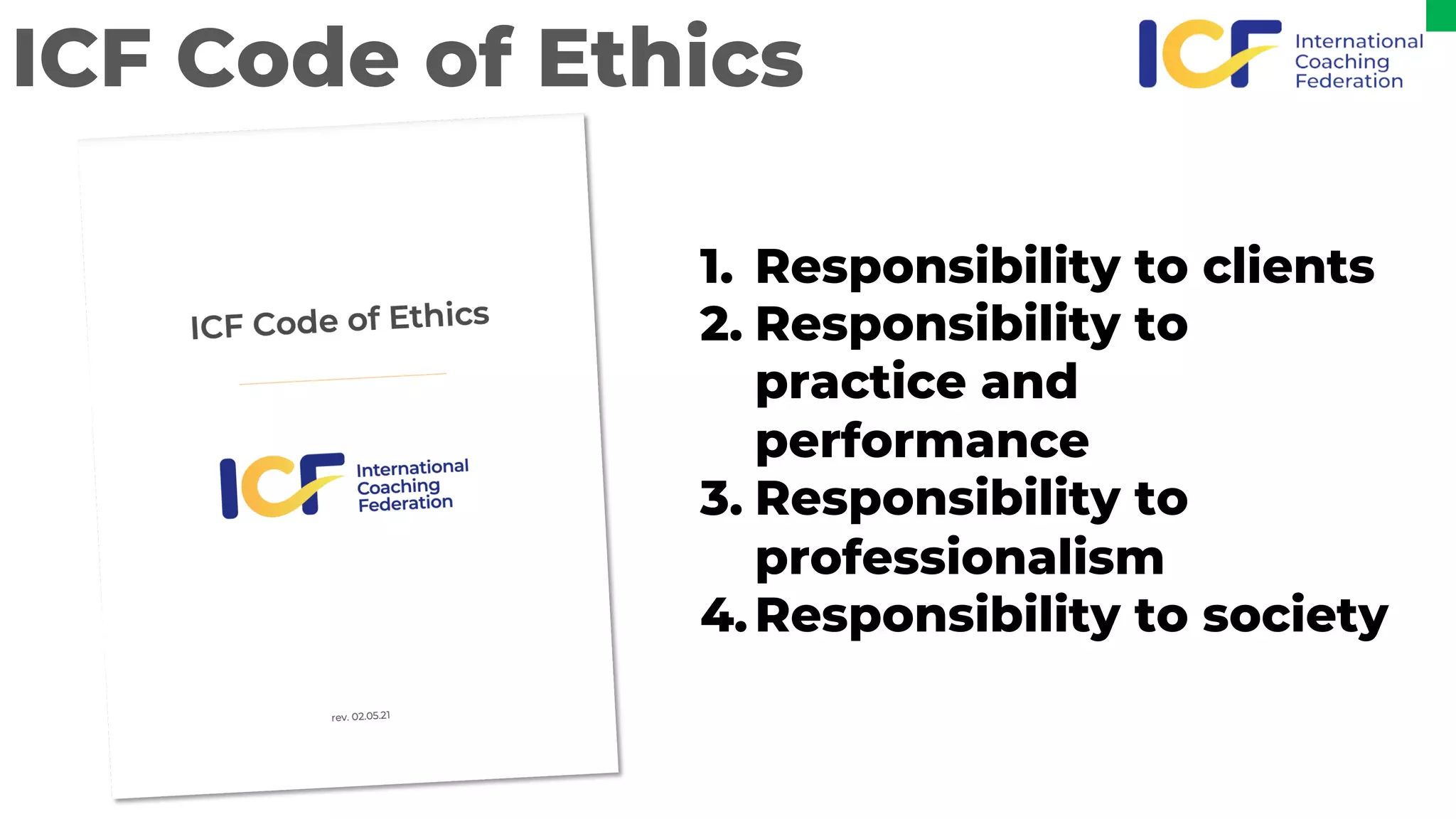 ICF Code of Ethics
1. Responsibility to clients
2. Responsibility to
practice and
performance
3. Responsibility to
professionalism
4.Responsibility to society
 