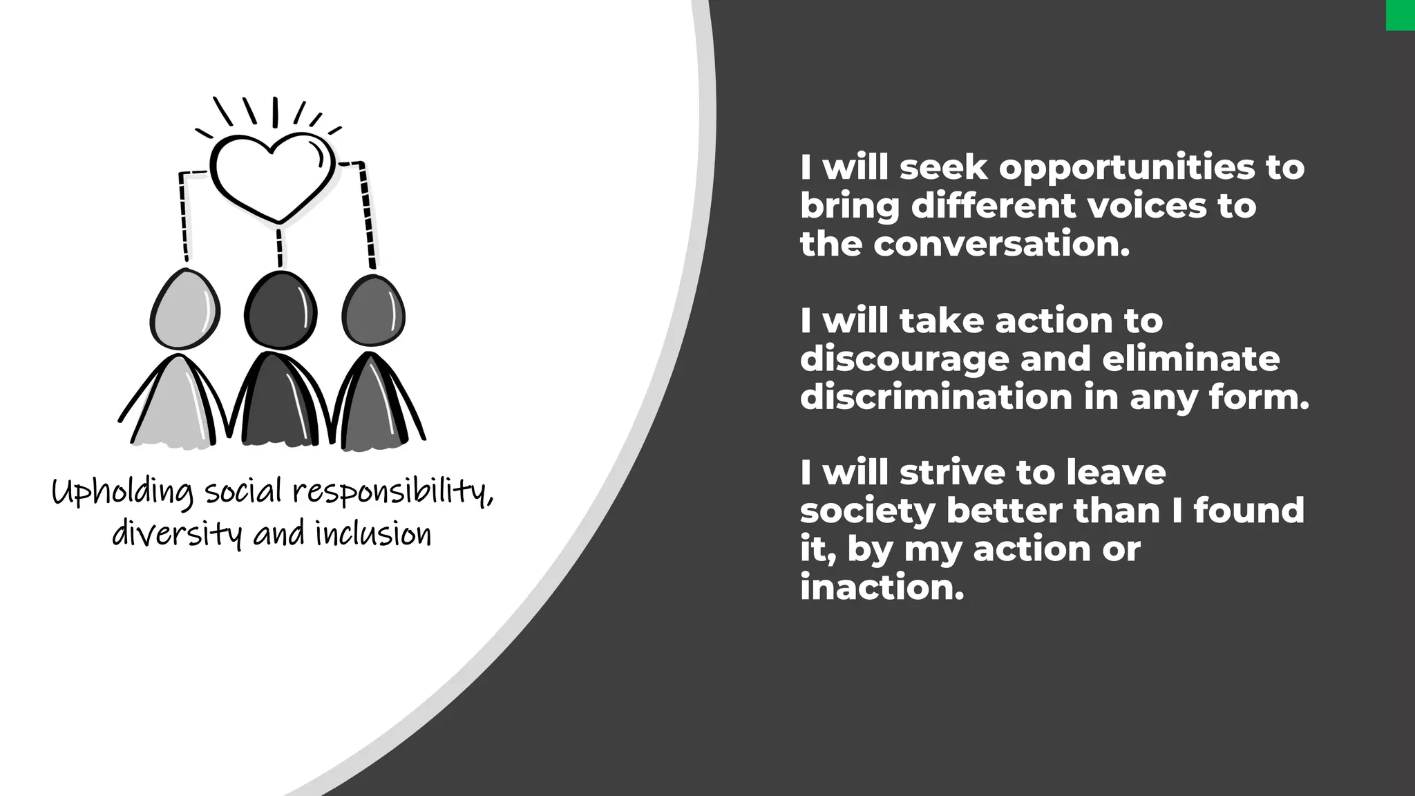 I will seek opportunities to
bring different voices to
the conversation.
I will take action to
discourage and eliminate
discrimination in any form.
I will strive to leave
society better than I found
it, by my action or
inaction.
Upholding social responsibility,
diversity and inclusion
 