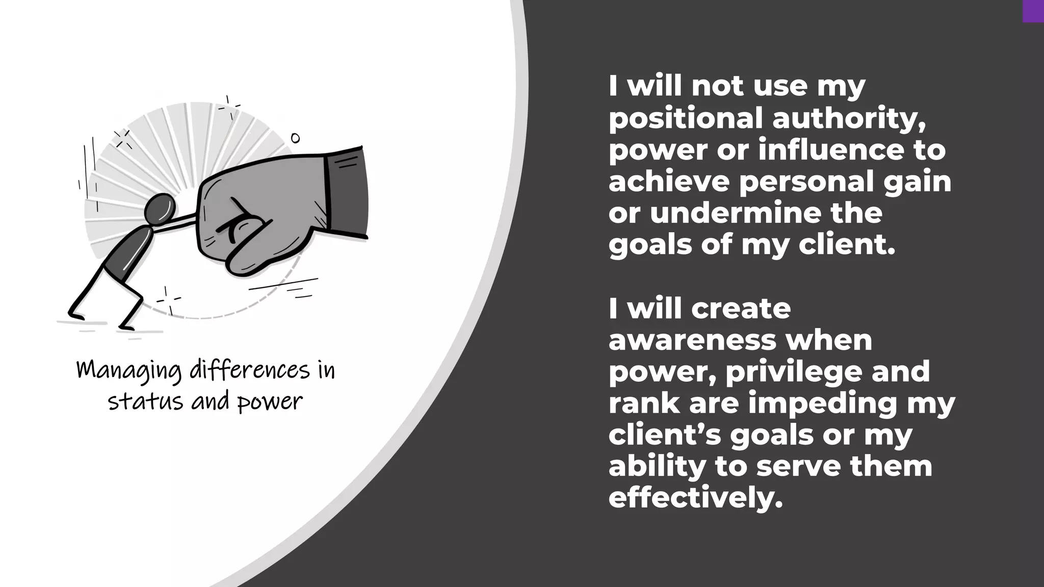 I will not use my
positional authority,
power or influence to
achieve personal gain
or undermine the
goals of my client.
I will create
awareness when
power, privilege and
rank are impeding my
client’s goals or my
ability to serve them
effectively.
Managing differences in
status and power
 