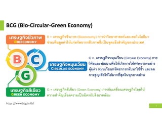 BCG (Bio-Circular-Green Economy)
4
B = เศรษฐกิจชีวภาพ (Bioeconomy) การนําวิทยาศาสตร์และเทคโนโลยีมา
ช่วยเพิมมูลค่าให้แก่ทรัพยากรชีวภาพซึงเป็นจุดแข็งสําคัญของประเทศ
C = เศรษฐกิจหมุนเวียน (Circular Economy) การ
วิจัยและพัฒนาเพือให้เกิดการใช้ทรัพยากรอย่าง
คุ้มค่า หมุนเวียนทรัพยากรกลับมาใช้ซํา และลด
การสูญเสียให้ได้มากทีสุดในทุกภาคส่วน
G = เศรษฐกิจสีเขียว (Green Economy) การขับเคลือนเศรษฐกิจโดยให้
ความสําคัญเรืองความเป็นมิตรกับสิงแวดล้อม
https://www.bcg.in.th/
 