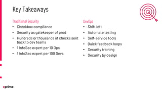 • Checkbox compliance
• Security as gatekeeper of prod
• Hundreds or thousands of checks sent
back to dev teams
• 1 InfoSec expert per 10 Ops
• 1 InfoSec expert per 100 Devs
• Shift left
• Automate testing
• Self-service tools
• Quick feedback loops
• Security training
• Security by design
Key Takeaways
DevOps
Traditional Security
 