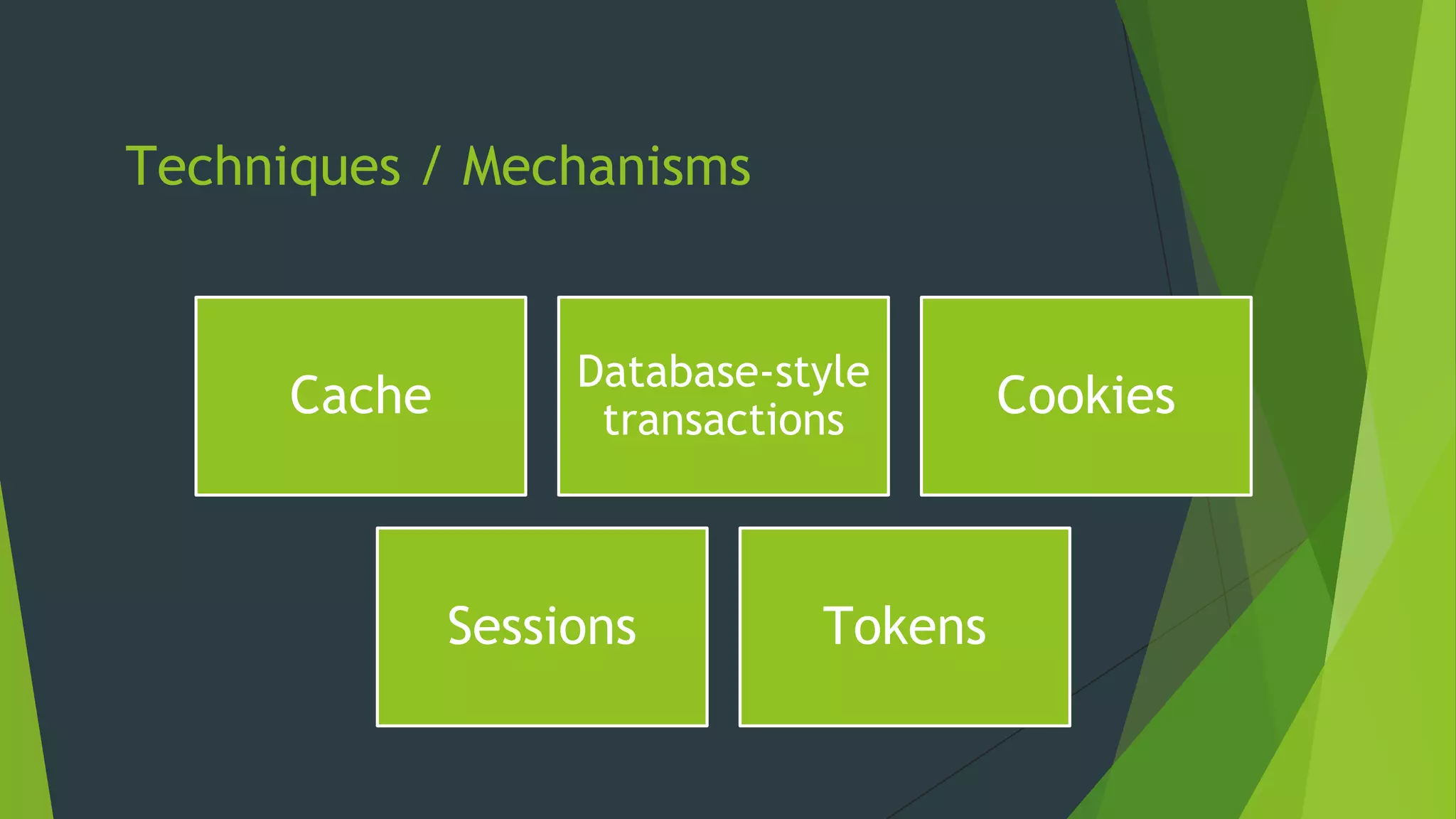 Techniques / Mechanisms
Cache
Database-style
transactions Cookies
Sessions Tokens
 