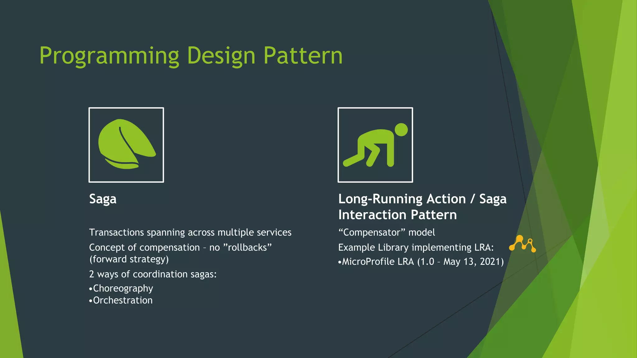 Programming Design Pattern
Saga
Transactions spanning across multiple services
Concept of compensation – no ”rollbacks”
(forward strategy)
2 ways of coordination sagas:
•Choreography
•Orchestration
Long-Running Action / Saga
Interaction Pattern
“Compensator” model
Example Library implementing LRA:
•MicroProfile LRA (1.0 – May 13, 2021)
 