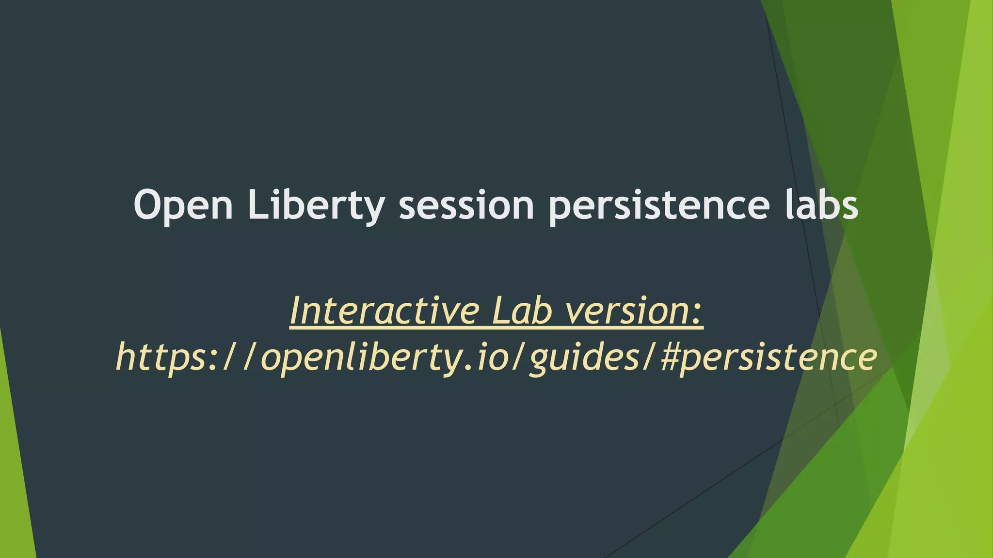 Open Liberty session persistence labs
Interactive Lab version:
https://openliberty.io/guides/#persistence
 
