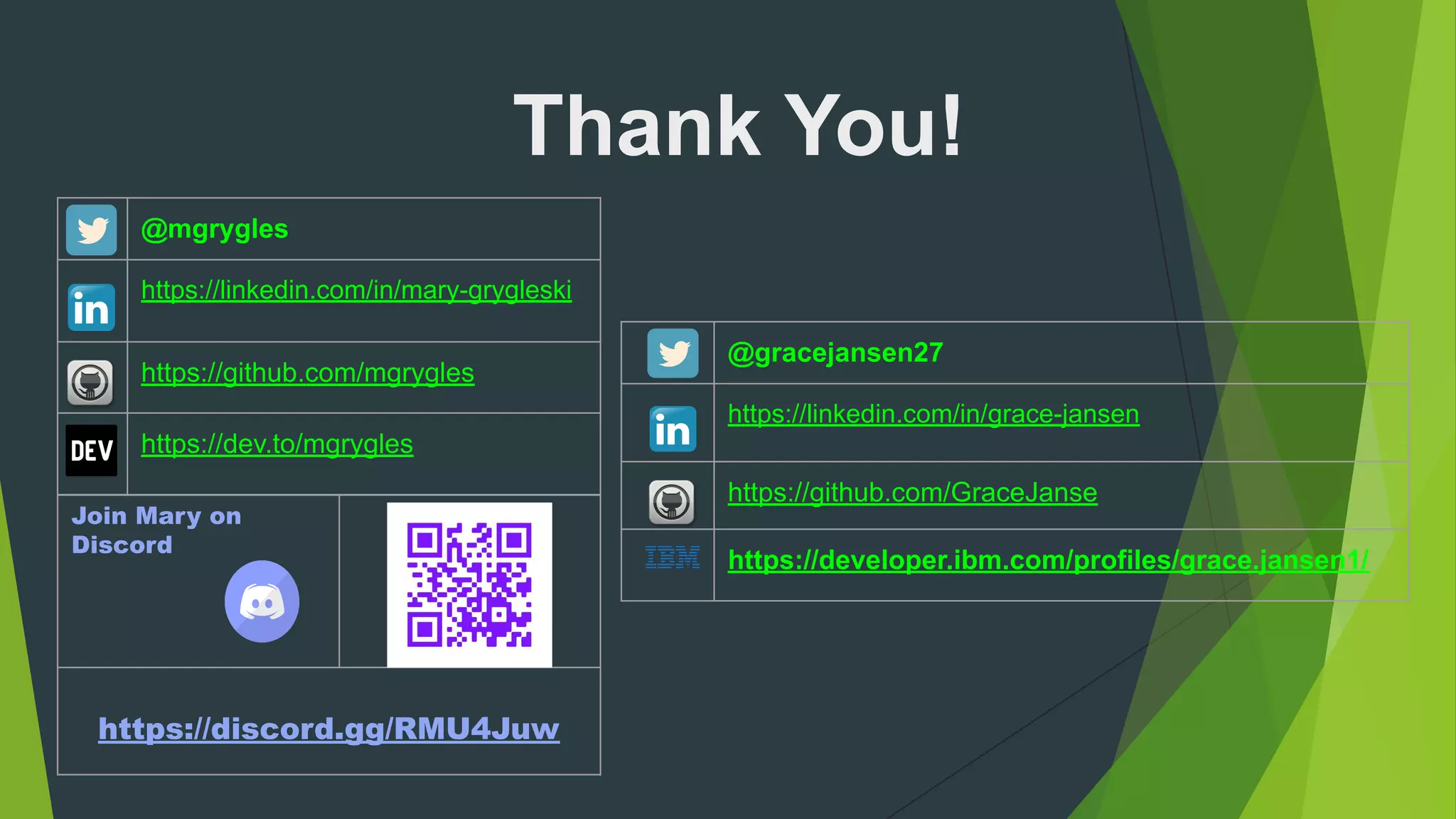 Join Mary on
Discord
https://discord.gg/RMU4Juw
Thank You!
@mgrygles
https://linkedin.com/in/mary-grygleski
https://github.com/mgrygles
https://dev.to/mgrygles
@gracejansen27
https://linkedin.com/in/grace-jansen
https://github.com/GraceJanse
https://developer.ibm.com/profiles/grace.jansen1/
 