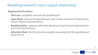 11
Replacement functions
• Slice out: completely removes the specified part
• Input Mask: replaces the specified part with a mask composed of black/white
frames’ feature representations
• Randomization: replaces 50% of the elements of each feature representation
within the specified part
• Attention Mask: sets the attention weights associated with the specified part
equal to zero
Modeling network’s input-output relationship
 
