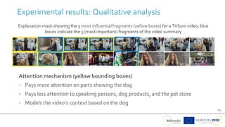 23
Experimental results: Qualitative analysis
Explanation mask showing the 5 most influential fragments (yellow boxes) for a TVSum video; blue
boxes indicate the 5 (most important) fragments of the video summary
Attention mechanism (yellow bounding boxes)
• Pays more attention on parts showing the dog
• Pays less attention to speaking persons, dog products, and the pet store
• Models the video’s context based on the dog
 