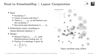 Road to KnowhowMap | Layout Computation
• Input
• Vocabulary V
• Corpus of source code files C
• Topics ϕ1, . . . , ϕK as distributions over
the vocabulary V
• Document-topic-distributions θ1, . . . , θm
• Dissimilarity matrix according to
Jensen-Shannon distance Λ
• Output
• Reduced Topics ϕ̄1, . . . , ϕ̄K (with
Multidimensional Scaling over Λ)
• Position of a developer is given by
¯
di =
K
P
j=1
θ
(j)
i ϕ̄j
Topics visualized using LDAvis
12 Visualization of Knowledge Distribution across Development Teams using 2.5D Semantic Software Maps Tim Cech 08.02.2021
 