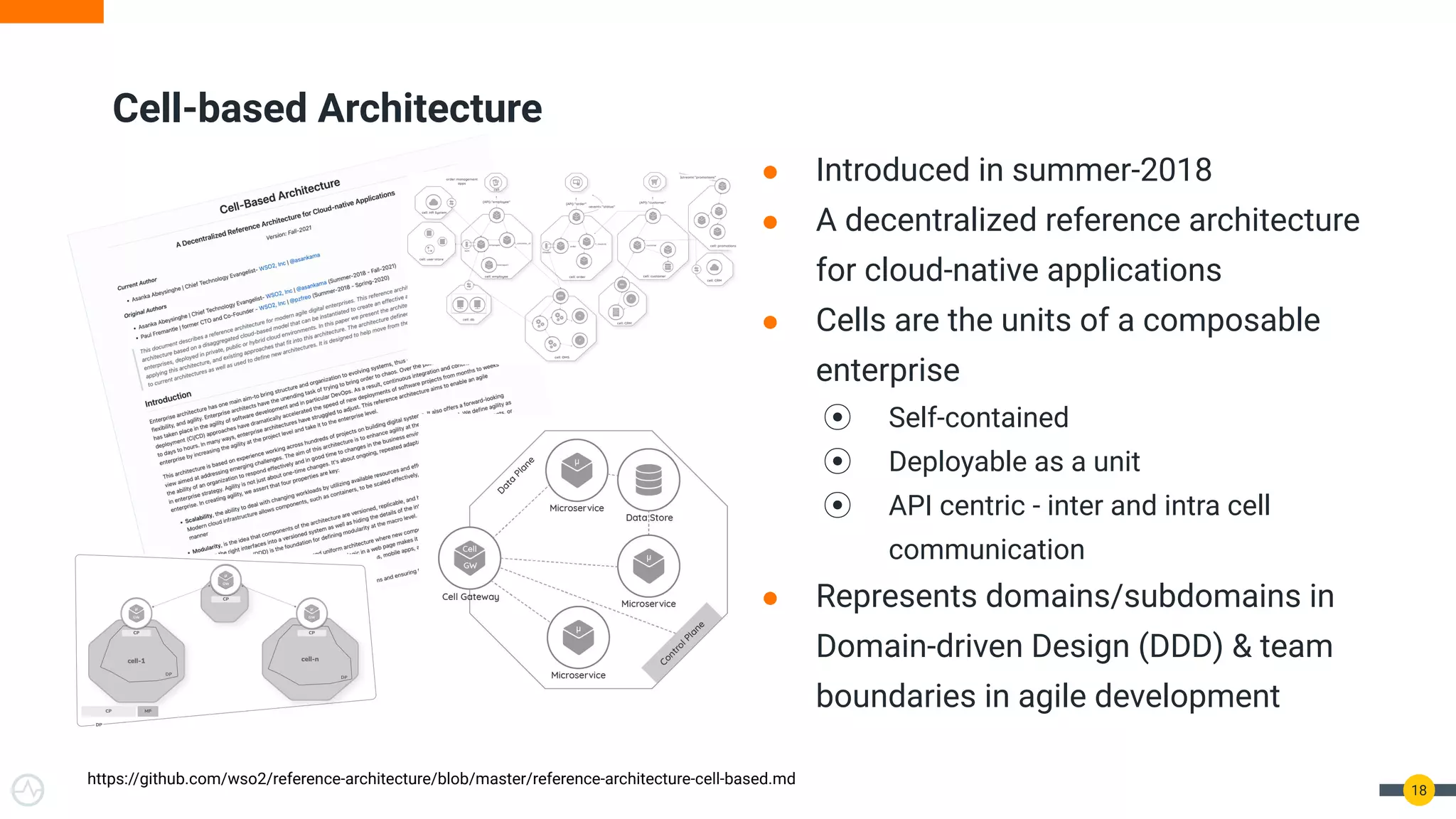 Cell-based Architecture
● Introduced in summer-2018
● A decentralized reference architecture
for cloud-native applications
● Cells are the units of a composable
enterprise
⦿ Self-contained
⦿ Deployable as a unit
⦿ API centric - inter and intra cell
communication
● Represents domains/subdomains in
Domain-driven Design (DDD) & team
boundaries in agile development
18
https://github.com/wso2/reference-architecture/blob/master/reference-architecture-cell-based.md
 