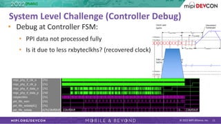 © 2022 MIPI Alliance, Inc. 11
System Level Challenge (Controller Debug)
• Debug at Controller FSM:
• PPI data not processed fully
• Is it due to less rxbyteclkhs? (recovered clock)
[Public]
 