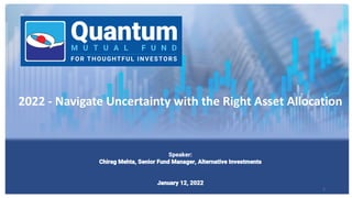 2022 - Navigate Uncertainty with the Right Asset Allocation
Speaker:
Chirag Mehta, Senior Fund Manager, Alternative Investments
January 12, 2022
1
 