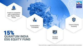QUANTUM INDIA
ESG EQUITY FUND
15% Resilient
Portfolio
Future of Equity
Investing
Invests in companies
with a triple bottom
line - Planet. People.
Profits
Sustainability =
Profitability
Please note the above is a suggested fund allocation and not to be considered as an investment advice or recommendation
 