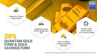 Independent purity
test for all gold bars
held
Backed by 24 karat
physical gold
QUANTUM GOLD
FUND & GOLD
SAVINGS FUND
20%
Safe, no making
charges and easily
liquidated
Please note the above is a suggested fund allocation and not to be considered as an investment advice or recommendation
Invest in small
denominations
(-0.01 grams of gold)
 