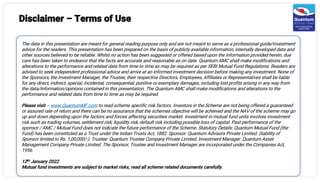 Disclaimer – Terms of Use
The data in this presentation are meant for general reading purpose only and are not meant to serve as a professional guide/investment
advice for the readers. This presentation has been prepared on the basis of publicly available information, internally developed data and
other sources believed to be reliable. Whilst no action has been suggested or offered based upon the information provided herein, due
care has been taken to endeavor that the facts are accurate and reasonable as on date. Quantum AMC shall make modifications and
alterations to the performance and related data from time to time as may be required as per SEBI Mutual Fund Regulations. Readers are
advised to seek independent professional advice and arrive at an informed investment decision before making any investment. None of
the Sponsors, the Investment Manager, the Trustee, their respective Directors, Employees, Affiliates or Representatives shall be liable
for any direct, indirect, special, incidental, consequential, punitive or exemplary damages, including lost profits arising in any way from
the data/information/opinions contained in this presentation. The Quantum AMC shall make modifications and alterations to the
performance and related data from time to time as may be required.
Please visit – www.QuantumMF.com to read scheme specific risk factors. Investors in the Scheme are not being offered a guaranteed
or assured rate of return and there can be no assurance that the schemes objective will be achieved and the NAV of the scheme may go
up and down depending upon the factors and forces affecting securities market. Investment in mutual fund units involves investment
risk such as trading volumes, settlement risk, liquidity risk, default risk including possible loss of capital. Past performance of the
sponsor / AMC / Mutual Fund does not indicate the future performance of the Scheme. Statutory Details: Quantum Mutual Fund (the
Fund) has been constituted as a Trust under the Indian Trusts Act, 1882. Sponsor: Quantum Advisors Private Limited. (liability of
Sponsor limited to Rs. 1,00,000/-). Trustee: Quantum Trustee Company Private Limited. Investment Manager: Quantum Asset
Management Company Private Limited. The Sponsor, Trustee and Investment Manager are incorporated under the Companies Act,
1956.
12th January 2022
Mutual fund investments are subject to market risks, read all scheme related documents carefully.
 
