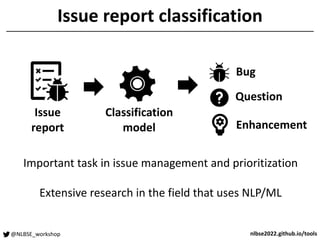 @NLBSE_workshop nlbse2022.github.io/tools
Issue report classification
Issue
report
Classification
model
Bug
Enhancement
Question
Important task in issue management and prioritization
Extensive research in the field that uses NLP/ML
 