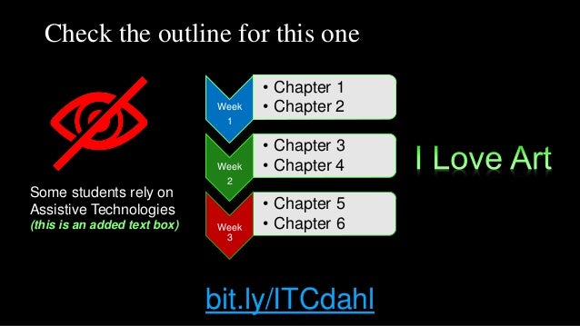 Check the outline for this one
Some students rely on
Assistive Technologies
(this is an added text box)
Week
1
• Chapter 1
• Chapter 2
Week
2
• Chapter 3
• Chapter 4
Week
3
• Chapter 5
• Chapter 6
bit.ly/ITCdahl
 