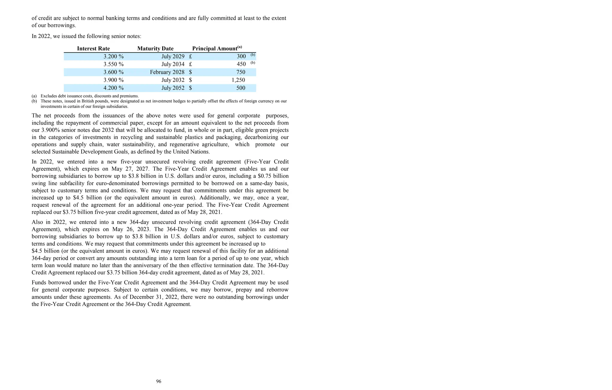 96
of credit are subject to normal banking terms and conditions and are fully committed at least to the extent
of our borrowings.
In 2022, we issued the following senior notes:
Interest Rate Maturity Date Principal Amount(a)
3.200 % July 2029 £ 300 (b)
3.550 % July 2034 £ 450 (b)
3.600 % February 2028 $ 750
3.900 % July 2032 $ 1,250
4.200 % July 2052 $ 500
(a) Excludes debt issuance costs, discounts and premiums.
(b) These notes, issued in British pounds, were designated as net investment hedges to partially offset the effects of foreign currency on our
investments in certain of our foreign subsidiaries.
The net proceeds from the issuances of the above notes were used for general corporate purposes,
including the repayment of commercial paper, except for an amount equivalent to the net proceeds from
our 3.900% senior notes due 2032 that will be allocated to fund, in whole or in part, eligible green projects
in the categories of investments in recycling and sustainable plastics and packaging, decarbonizing our
operations and supply chain, water sustainability, and regenerative agriculture, which promote our
selected Sustainable Development Goals, as defined by the United Nations.
In 2022, we entered into a new five-year unsecured revolving credit agreement (Five-Year Credit
Agreement), which expires on May 27, 2027. The Five-Year Credit Agreement enables us and our
borrowing subsidiaries to borrow up to $3.8 billion in U.S. dollars and/or euros, including a $0.75 billion
swing line subfacility for euro-denominated borrowings permitted to be borrowed on a same-day basis,
subject to customary terms and conditions. We may request that commitments under this agreement be
increased up to $4.5 billion (or the equivalent amount in euros). Additionally, we may, once a year,
request renewal of the agreement for an additional one-year period. The Five-Year Credit Agreement
replaced our $3.75 billion five-year credit agreement, dated as of May 28, 2021.
Also in 2022, we entered into a new 364-day unsecured revolving credit agreement (364-Day Credit
Agreement), which expires on May 26, 2023. The 364-Day Credit Agreement enables us and our
borrowing subsidiaries to borrow up to $3.8 billion in U.S. dollars and/or euros, subject to customary
terms and conditions. We may request that commitments under this agreement be increased up to
$4.5 billion (or the equivalent amount in euros). We may request renewal of this facility for an additional
364-day period or convert any amounts outstanding into a term loan for a period of up to one year, which
term loan would mature no later than the anniversary of the then effective termination date. The 364-Day
Credit Agreement replaced our $3.75 billion 364-day credit agreement, dated as of May 28, 2021.
Funds borrowed under the Five-Year Credit Agreement and the 364-Day Credit Agreement may be used
for general corporate purposes. Subject to certain conditions, we may borrow, prepay and reborrow
amounts under these agreements. As of December 31, 2022, there were no outstanding borrowings under
the Five-Year Credit Agreement or the 364-Day Credit Agreement.
 