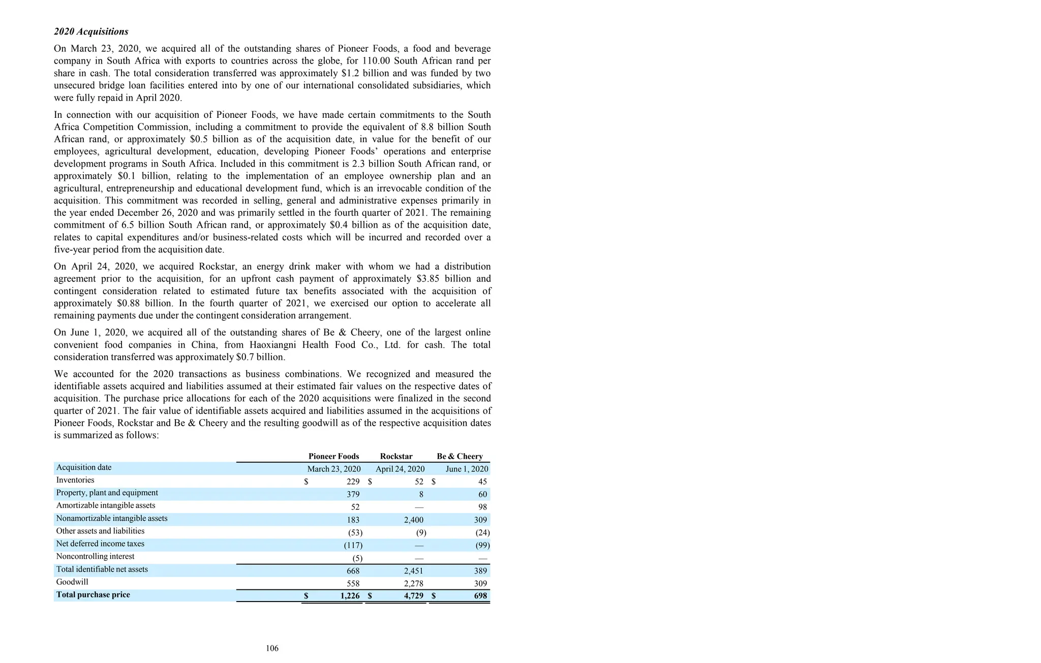 2020 Acquisitions
On March 23, 2020, we acquired all of the outstanding shares of Pioneer Foods, a food and beverage
company in South Africa with exports to countries across the globe, for 110.00 South African rand per
share in cash. The total consideration transferred was approximately $1.2 billion and was funded by two
unsecured bridge loan facilities entered into by one of our international consolidated subsidiaries, which
were fully repaid in April 2020.
In connection with our acquisition of Pioneer Foods, we have made certain commitments to the South
Africa Competition Commission, including a commitment to provide the equivalent of 8.8 billion South
African rand, or approximately $0.5 billion as of the acquisition date, in value for the benefit of our
employees, agricultural development, education, developing Pioneer Foods’ operations and enterprise
development programs in South Africa. Included in this commitment is 2.3 billion South African rand, or
approximately $0.1 billion, relating to the implementation of an employee ownership plan and an
agricultural, entrepreneurship and educational development fund, which is an irrevocable condition of the
acquisition. This commitment was recorded in selling, general and administrative expenses primarily in
the year ended December 26, 2020 and was primarily settled in the fourth quarter of 2021. The remaining
commitment of 6.5 billion South African rand, or approximately $0.4 billion as of the acquisition date,
relates to capital expenditures and/or business-related costs which will be incurred and recorded over a
five-year period from the acquisition date.
On April 24, 2020, we acquired Rockstar, an energy drink maker with whom we had a distribution
agreement prior to the acquisition, for an upfront cash payment of approximately $3.85 billion and
contingent consideration related to estimated future tax benefits associated with the acquisition of
approximately $0.88 billion. In the fourth quarter of 2021, we exercised our option to accelerate all
remaining payments due under the contingent consideration arrangement.
On June 1, 2020, we acquired all of the outstanding shares of Be & Cheery, one of the largest online
convenient food companies in China, from Haoxiangni Health Food Co., Ltd. for cash. The total
consideration transferred was approximately $0.7 billion.
We accounted for the 2020 transactions as business combinations. We recognized and measured the
identifiable assets acquired and liabilities assumed at their estimated fair values on the respective dates of
acquisition. The purchase price allocations for each of the 2020 acquisitions were finalized in the second
quarter of 2021. The fair value of identifiable assets acquired and liabilities assumed in the acquisitions of
Pioneer Foods, Rockstar and Be & Cheery and the resulting goodwill as of the respective acquisition dates
is summarized as follows:
Pioneer Foods Rockstar Be & Cheery
Acquisition date March 23, 2020 April 24, 2020 June 1, 2020
Inventories $ 229 $ 52 $ 45
Property, plant and equipment 379 8 60
Amortizable intangible assets 52 — 98
Nonamortizable intangible assets 183 2,400 309
Other assets and liabilities (53) (9) (24)
Net deferred income taxes (117) — (99)
Noncontrolling interest (5) — —
Total identifiable net assets 668 2,451 389
Goodwill 558 2,278 309
Total purchase price $ 1,226 $ 4,729 $ 698
106
 