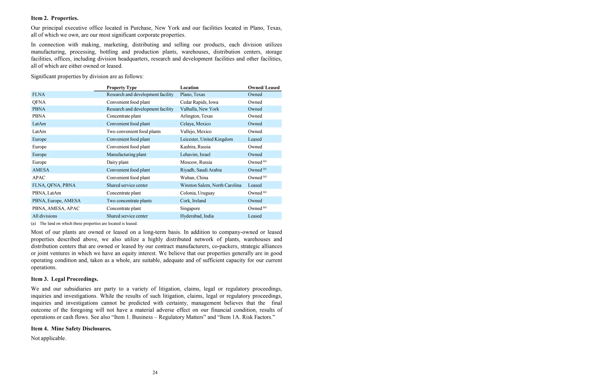 24
Item 2. Properties.
Our principal executive office located in Purchase, New York and our facilities located in Plano, Texas,
all of which we own, are our most significant corporate properties.
In connection with making, marketing, distributing and selling our products, each division utilizes
manufacturing, processing, bottling and production plants, warehouses, distribution centers, storage
facilities, offices, including division headquarters, research and development facilities and other facilities,
all of which are either owned or leased.
Significant properties by division are as follows:
Property Type Location Owned/ Leased
FLNA Research and development facility Plano, Texas Owned
QFNA Convenient food plant Cedar Rapids, Iowa Owned
PBNA Research and development facility Valhalla, New York Owned
PBNA Concentrate plant Arlington, Texas Owned
LatAm Convenient food plant Celaya, Mexico Owned
LatAm Two convenient food plants Vallejo, Mexico Owned
Europe Convenient food plant Leicester, United Kingdom Leased
Europe Convenient food plant Kashira, Russia Owned
Europe Manufacturing plant Lehavim, Israel Owned
Europe Dairy plant Moscow, Russia Owned (a)
AMESA Convenient food plant Riyadh, Saudi Arabia Owned (a)
APAC Convenient food plant Wuhan, China Owned (a)
FLNA, QFNA, PBNA Shared service center Winston Salem, North Carolina Leased
PBNA, LatAm Concentrate plant Colonia, Uruguay Owned (a)
PBNA, Europe, AMESA Two concentrate plants Cork, Ireland Owned
PBNA, AMESA, APAC Concentrate plant Singapore Owned (a)
All divisions Shared service center Hyderabad, India Leased
(a) The land on which these properties are located is leased.
Most of our plants are owned or leased on a long-term basis. In addition to company-owned or leased
properties described above, we also utilize a highly distributed network of plants, warehouses and
distribution centers that are owned or leased by our contract manufacturers, co-packers, strategic alliances
or joint ventures in which we have an equity interest. We believe that our properties generally are in good
operating condition and, taken as a whole, are suitable, adequate and of sufficient capacity for our current
operations.
Item 3. Legal Proceedings.
We and our subsidiaries are party to a variety of litigation, claims, legal or regulatory proceedings,
inquiries and investigations. While the results of such litigation, claims, legal or regulatory proceedings,
inquiries and investigations cannot be predicted with certainty, management believes that the final
outcome of the foregoing will not have a material adverse effect on our financial condition, results of
operations or cash flows. See also “Item 1. Business – Regulatory Matters” and “Item 1A. Risk Factors.”
Item 4. Mine Safety Disclosures.
Not applicable.
 