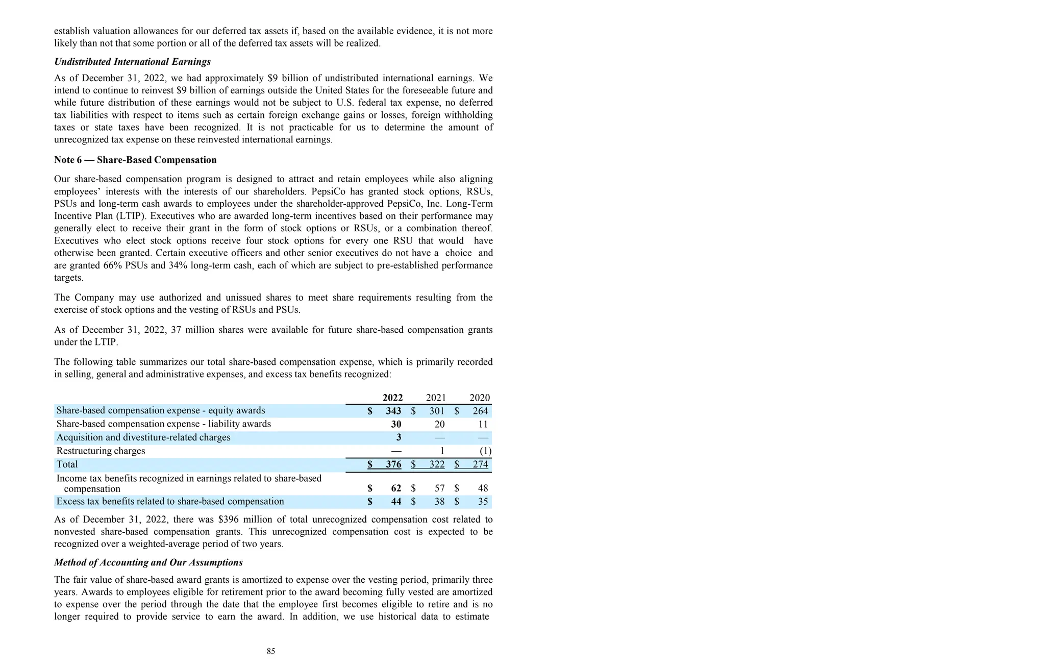 85
establish valuation allowances for our deferred tax assets if, based on the available evidence, it is not more
likely than not that some portion or all of the deferred tax assets will be realized.
Undistributed International Earnings
As of December 31, 2022, we had approximately $9 billion of undistributed international earnings. We
intend to continue to reinvest $9 billion of earnings outside the United States for the foreseeable future and
while future distribution of these earnings would not be subject to U.S. federal tax expense, no deferred
tax liabilities with respect to items such as certain foreign exchange gains or losses, foreign withholding
taxes or state taxes have been recognized. It is not practicable for us to determine the amount of
unrecognized tax expense on these reinvested international earnings.
Note 6 — Share-Based Compensation
Our share-based compensation program is designed to attract and retain employees while also aligning
employees’ interests with the interests of our shareholders. PepsiCo has granted stock options, RSUs,
PSUs and long-term cash awards to employees under the shareholder-approved PepsiCo, Inc. Long-Term
Incentive Plan (LTIP). Executives who are awarded long-term incentives based on their performance may
generally elect to receive their grant in the form of stock options or RSUs, or a combination thereof.
Executives who elect stock options receive four stock options for every one RSU that would have
otherwise been granted. Certain executive officers and other senior executives do not have a choice and
are granted 66% PSUs and 34% long-term cash, each of which are subject to pre-established performance
targets.
The Company may use authorized and unissued shares to meet share requirements resulting from the
exercise of stock options and the vesting of RSUs and PSUs.
As of December 31, 2022, 37 million shares were available for future share-based compensation grants
under the LTIP.
The following table summarizes our total share-based compensation expense, which is primarily recorded
in selling, general and administrative expenses, and excess tax benefits recognized:
2022 2021 2020
Share-based compensation expense - equity awards $ 343 $ 301 $ 264
Share-based compensation expense - liability awards 30 20 11
Acquisition and divestiture-related charges 3 — —
Restructuring charges — 1 (1)
Total $ 376 $ 322 $ 274
Income tax benefits recognized in earnings related to share-based
compensation $ 62 $ 57 $ 48
Excess tax benefits related to share-based compensation $ 44 $ 38 $ 35
As of December 31, 2022, there was $396 million of total unrecognized compensation cost related to
nonvested share-based compensation grants. This unrecognized compensation cost is expected to be
recognized over a weighted-average period of two years.
Method of Accounting and Our Assumptions
The fair value of share-based award grants is amortized to expense over the vesting period, primarily three
years. Awards to employees eligible for retirement prior to the award becoming fully vested are amortized
to expense over the period through the date that the employee first becomes eligible to retire and is no
longer required to provide service to earn the award. In addition, we use historical data to estimate
 