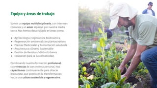 Equipo y áreas de trabajo
Somos un equipo multidisciplinario, con intereses
comunes y un amor especial por nuestra madre
tierra. Nos hemos desarrollado en áreas como:
● Agroecología y Agricultura Biodinámica
● Regeneración ambiental con plantas nativas
● Plantas Medicinales y Alimentación saludable
● Arquitectura y Diseño Sustentable
● Gestión de Residuos Sólidos Urbanos
● Educación para la Sustentabilidad
Combinando nuestra formación profesional
con vivencias de crecimiento personal. Nos
capacitamos continuamente para ofrecer
propuestas que potencien la transformación
hacia una cultura sostenible y regenerativa.
 