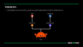 • 다양한 플랫폼에서 Rust 라이브러리에 있는 add 함수와 sub 함수를 호출해 결과를 받은 뒤 출력하는 예제를 만들어 보자.
무엇을 만들 것인가
Rust
Swift
WebAssembly
TypeScript
Objective C
 