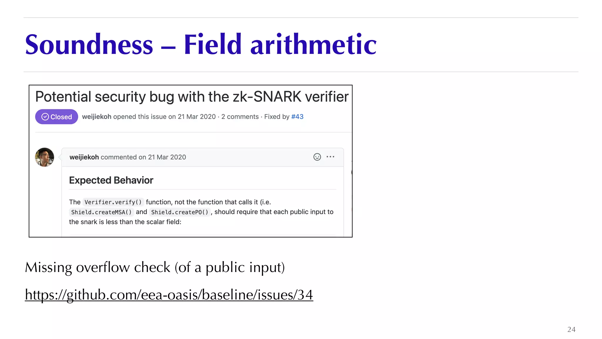 Soundness – Field arithmetic
Missing over
fl
ow check (of a public input)


https://github.com/eea-oasis/baseline/issues/34
24
 