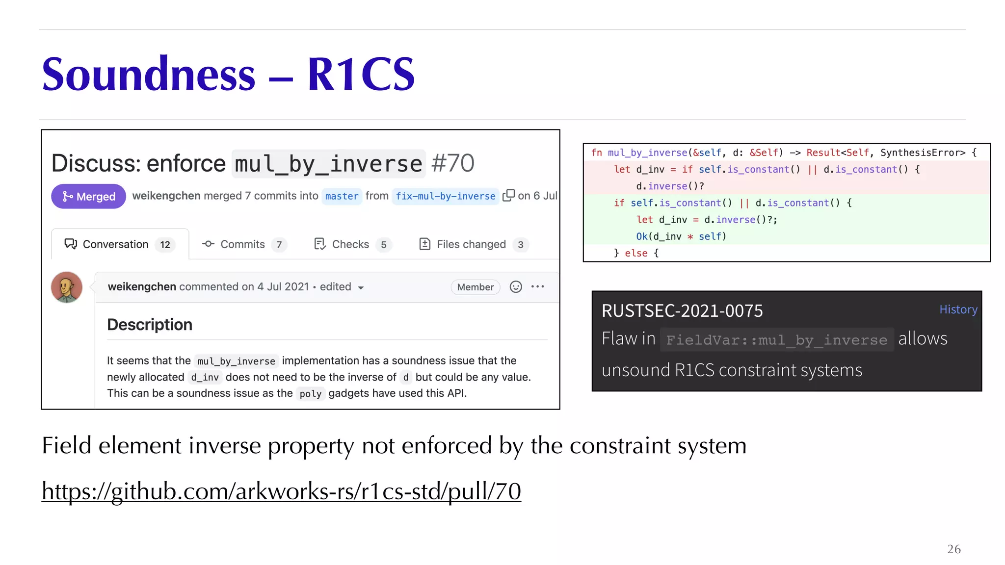 Soundness – R1CS
Field element inverse property not enforced by the constraint system


https://github.com/arkworks-rs/r1cs-std/pull/70
26
 
