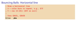 Bouncing Balls: Horizontal line
; Draw a horizontal line
; A = color byte to repeat, e.g., $7F
; Y = row (0-191) ($FF on exit)
;
; Uses GBASL, GBASH
hline pha
 