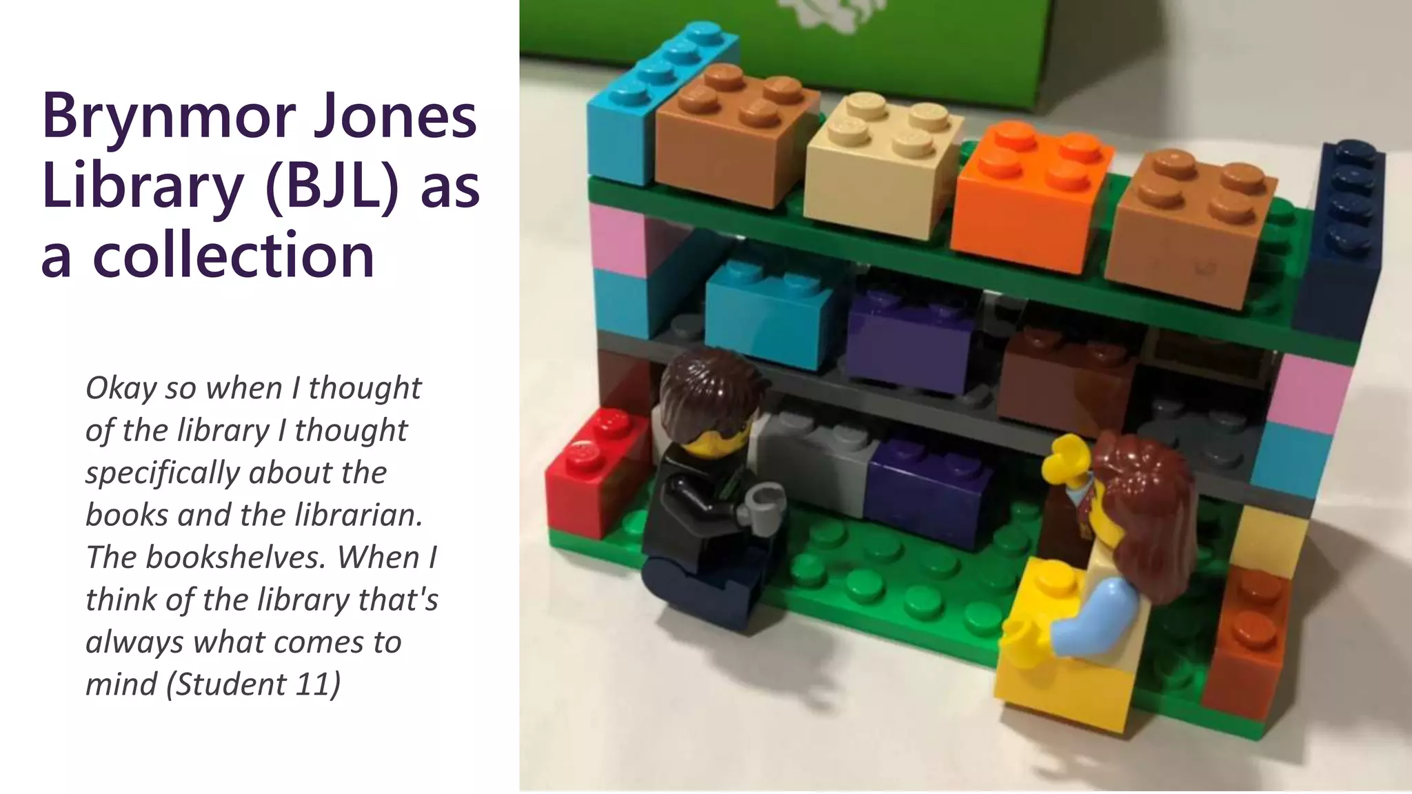 Brynmor Jones
Library (BJL) as
a collection
Okay so when I thought
of the library I thought
specifically about the
books and the librarian.
The bookshelves. When I
think of the library that's
always what comes to
mind (Student 11)
 