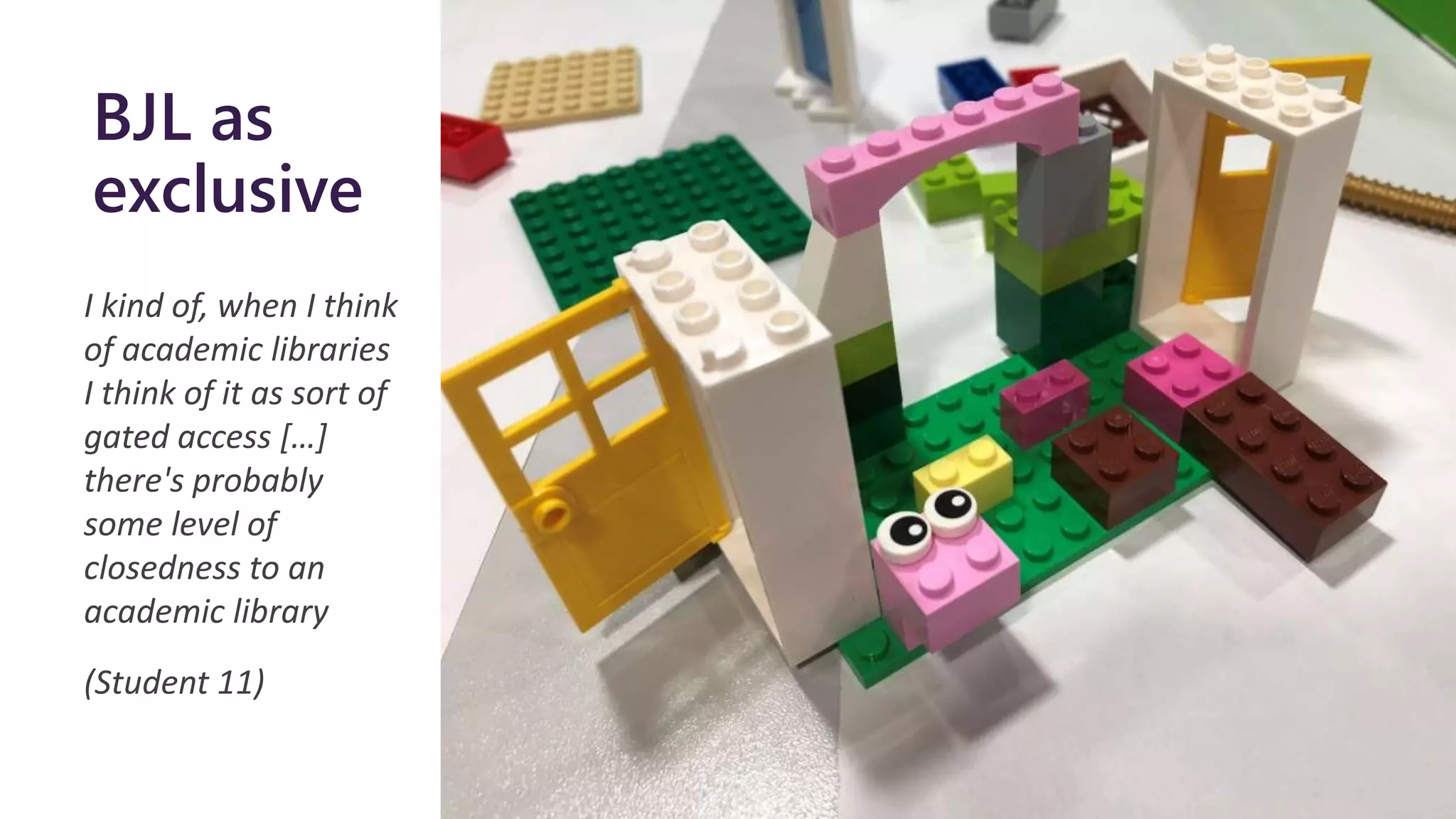 BJL as
exclusive
I kind of, when I think
of academic libraries
I think of it as sort of
gated access […]
there's probably
some level of
closedness to an
academic library
(Student 11)
 