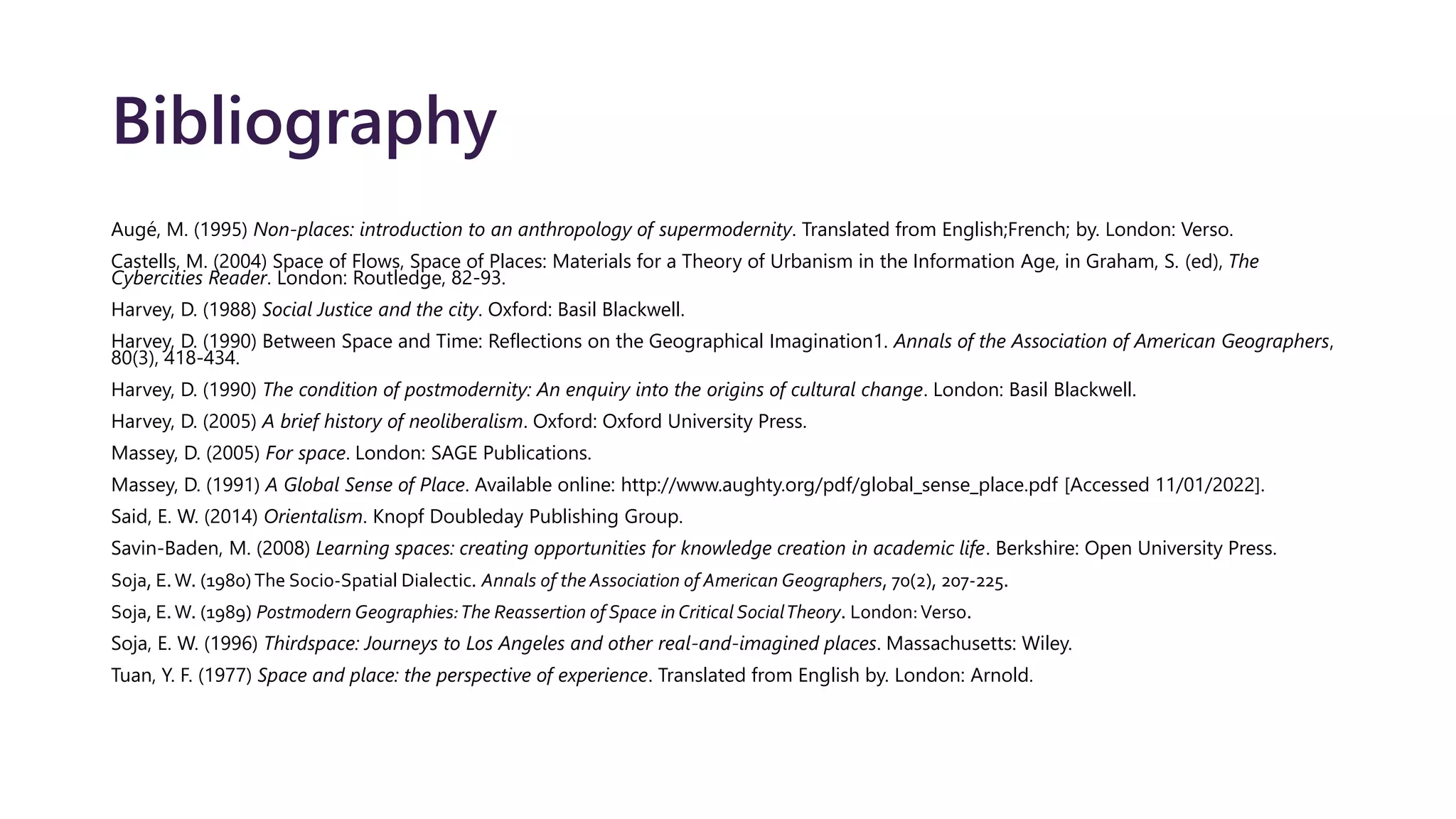 Bibliography
Augé, M. (1995) Non-places: introduction to an anthropology of supermodernity. Translated from English;French; by. London: Verso.
Castells, M. (2004) Space of Flows, Space of Places: Materials for a Theory of Urbanism in the Information Age, in Graham, S. (ed), The
Cybercities Reader. London: Routledge, 82-93.
Harvey, D. (1988) Social Justice and the city. Oxford: Basil Blackwell.
Harvey, D. (1990) Between Space and Time: Reflections on the Geographical Imagination1. Annals of the Association of American Geographers,
80(3), 418-434.
Harvey, D. (1990) The condition of postmodernity: An enquiry into the origins of cultural change. London: Basil Blackwell.
Harvey, D. (2005) A brief history of neoliberalism. Oxford: Oxford University Press.
Massey, D. (2005) For space. London: SAGE Publications.
Massey, D. (1991) A Global Sense of Place. Available online: http://www.aughty.org/pdf/global_sense_place.pdf [Accessed 11/01/2022].
Said, E. W. (2014) Orientalism. Knopf Doubleday Publishing Group.
Savin-Baden, M. (2008) Learning spaces: creating opportunities for knowledge creation in academic life. Berkshire: Open University Press.
Soja, E.W. (1980) The Socio-Spatial Dialectic. Annals of the Association of American Geographers, 70(2), 207-225.
Soja, E.W. (1989) Postmodern Geographies:The Reassertion of Space in Critical SocialTheory. London:Verso.
Soja, E. W. (1996) Thirdspace: Journeys to Los Angeles and other real-and-imagined places. Massachusetts: Wiley.
Tuan, Y. F. (1977) Space and place: the perspective of experience. Translated from English by. London: Arnold.
 