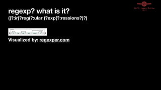 regexp? what is it?
((?:ir)?reg(?:ular )?exp(?:ressions?)?)
Visualized by: regexper.com
 
