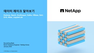 데이터 레이크 알아보기
Hadoop, Spark, ZooKeeper, Kafka, HBase, Solr,
Drill, Atlas, JupyterLab
© 2020 NetApp, Inc. All rights reserved.
SeungYong Baek
Senior Solutions Engineer / NetApp Korea
January 2022
 