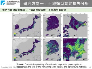 Copyright 2022 ITRI 工業技術研究院 12
推估光電建設的概率，上排為大型設施，下排為中型設施
Source: Current site planning of medium to large solar power systems
accelerates the loss of the remaining semi-natural and agricultural habitats
研究方向一：土地類型功能損失分析
 