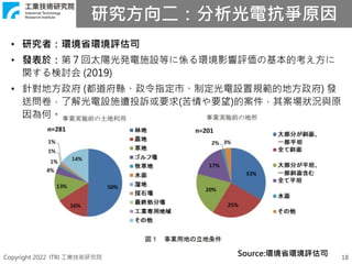 Copyright 2022 ITRI 工業技術研究院 18
• 研究者：環境省環境評估司
• 發表於：第７回太陽光発電施設等に係る環境影響評価の基本的考え方に
関する検討会 (2019)
• 針對地方政府 (都道府縣、政令指定市、制定光電設置規範的地方政府) 發
送問卷，了解光電設施遭投訴或要求(苦情や要望)的案件，其案場狀況與原
因為何。
Source:環境省環境評估司
研究方向二：分析光電抗爭原因
 