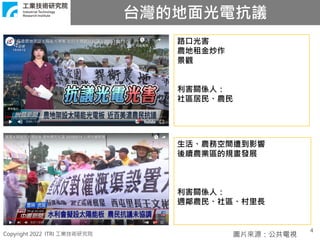 Copyright 2022 ITRI 工業技術研究院
台灣的地面光電抗議
4
圖片來源：公共電視
路口光害
農地租金炒作
景觀
利害關係人：
社區居民、農民
生活、農務空間遭到影響
後續農業區的規畫發展
利害關係人：
週鄰農民、社區、村里長
 