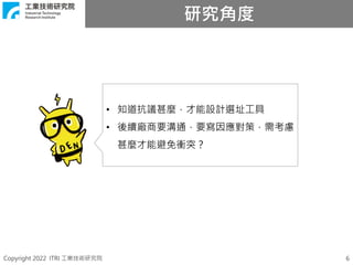 Copyright 2022 ITRI 工業技術研究院
研究角度
6
• 知道抗議甚麼，才能設計選址工具
• 後續廠商要溝通，要寫因應對策，需考慮
甚麼才能避免衝突？
 