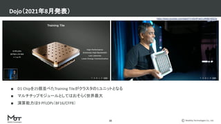 Mobility Technologies Co., Ltd.
■ D1 Chipを25個並べたTraining Tileがクラスタの1ユニットとなる
■ マルチチップモジュールとしてはおそらく世界最大
■ 演算能力は9 PFLOPs（BF16/CFP8）
Dojo（2021年8月発表）
35
https://www.youtube.com/watch?v=j0z4FweCy4M&t=6923s
 