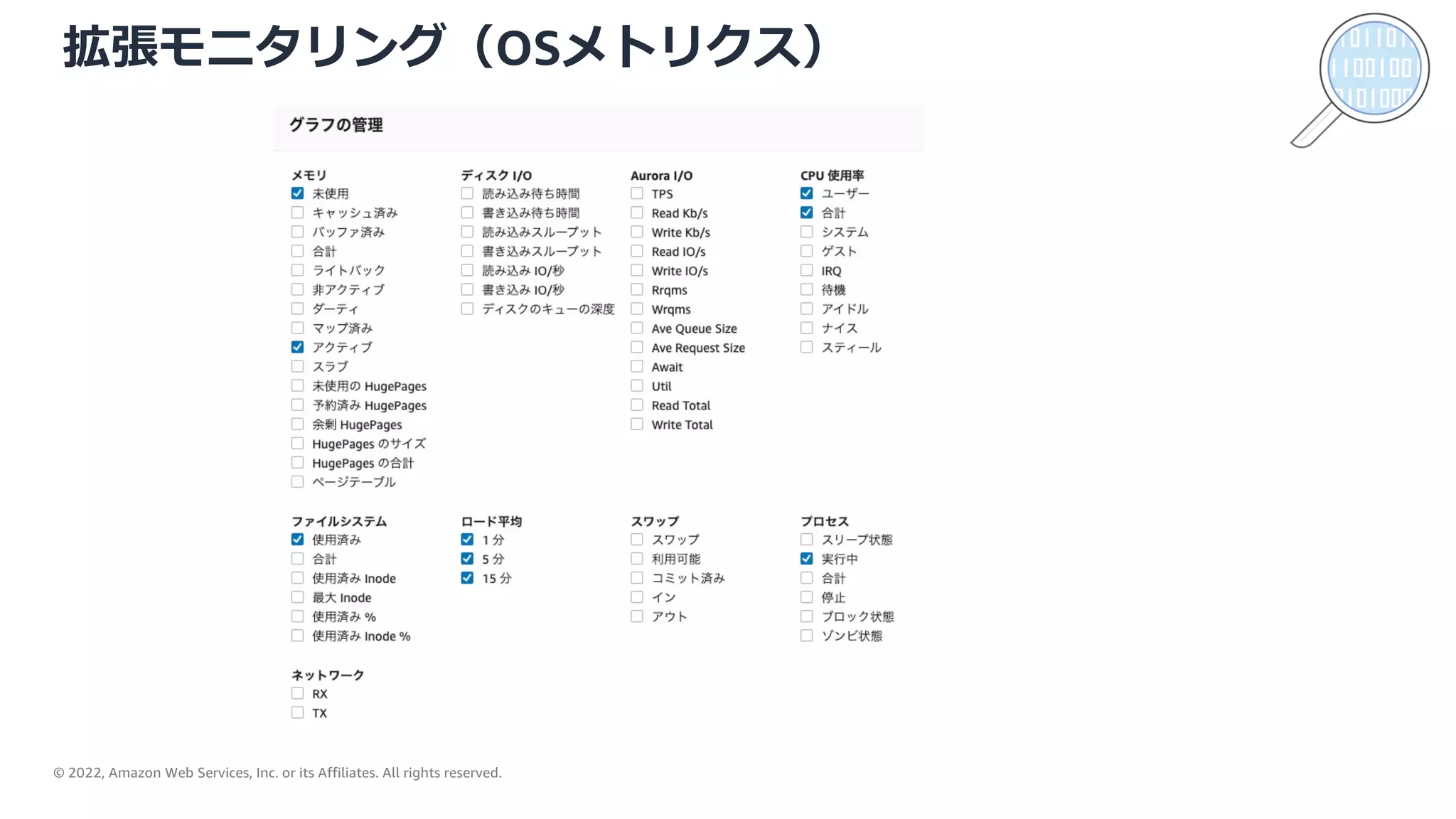 © 2022, Amazon Web Services, Inc. or its Affiliates. All rights reserved.
拡張モニタリング（OSメトリクス）
 