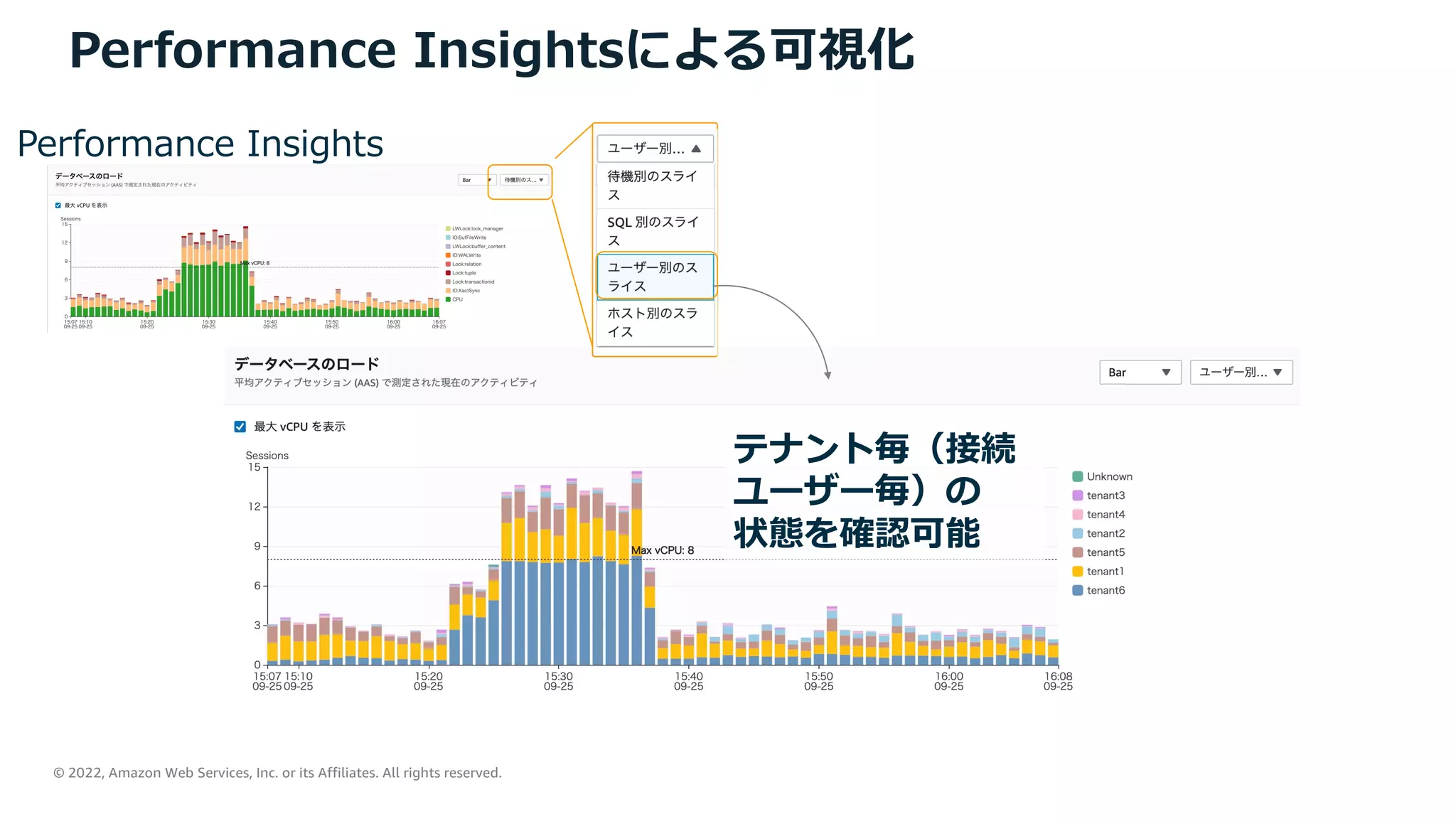 © 2022, Amazon Web Services, Inc. or its Affiliates. All rights reserved.
Performance Insightsによる可視化
Performance Insights
テナント毎（接続
ユーザー毎）の
状態を確認可能
 