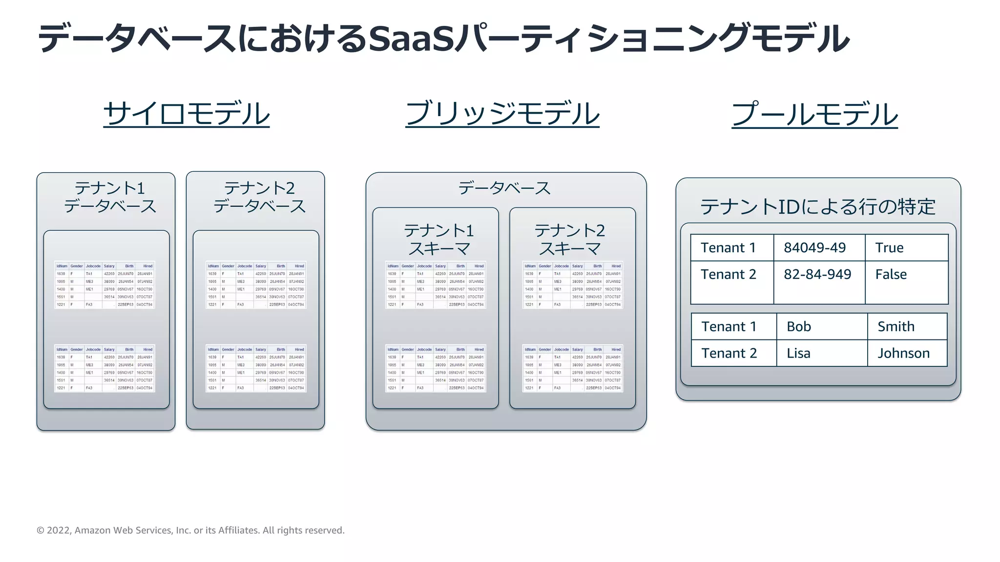 © 2022, Amazon Web Services, Inc. or its Affiliates. All rights reserved.
データベースにおけるSaaSパーティショニングモデル
ブリッジモデル プールモデル
Tenant 1 84049-49 True
Tenant 2 82-84-949 False
Tenant 1 Bob Smith
Tenant 2 Lisa Johnson
テナントIDによる⾏の特定
テナント1
データベース
テナント2
データベース
サイロモデル
テナント1
スキーマ
テナント2
スキーマ
データベース
 