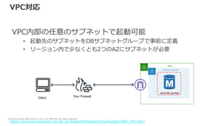 © 2022, Amazon Web Services, Inc. or its Affiliates. All rights reserved.
Private subnet
VPC対応
VPC内部の任意のサブネットで起動可能
• 起動先のサブネットをDBサブネットグループで事前に定義
• リージョン内で少なくとも2つのAZにサブネットが必要
https://docs.aws.amazon.com/ja_jp/AmazonRDS/latest/UserGuide/USER_VPC.html
Client Your Firewall
VPC
security group
 