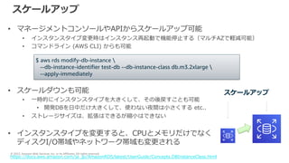 © 2022, Amazon Web Services, Inc. or its Affiliates. All rights reserved.
スケールアップ
• マネージメントコンソールやAPIからスケールアップ可能
• インスタンスタイプ変更時はインスタンス再起動で機能停⽌する（マルチAZで軽減可能）
• コマンドライン (AWS CLI) からも可能
• スケールダウンも可能
• ⼀時的にインスタンスタイプを⼤きくして、その後戻すことも可能
• 開発DBを⽇中だけ⼤きくして、使わない夜間は⼩さくする etc..
• ストレージサイズは、拡張はできるが縮⼩はできない
• インスタンスタイプを変更すると、CPUとメモリだけでなく
ディスクI/O帯域やネットワーク帯域も変更される
$ aws rds modify-db-instance 
--db-instance-identifier test-db --db-instance-class db.m3.2xlarge 
--apply-immediately
https://docs.aws.amazon.com/ja_jp/AmazonRDS/latest/UserGuide/Concepts.DBInstanceClass.html
スケールアップ
 