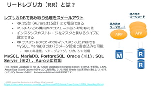 © 2022, Amazon Web Services, Inc. or its Affiliates. All rights reserved.
リードレプリカ（RR）とは︖
レプリカDBで読み取り処理をスケールアウト
• RRは5台（Auroraは15台）まで増設できる
• マルチAZとの併⽤やクロスリージョン対応も可能
• インスタンスやストレージをマスタと異なるタイプに
設定できる
• RRはスタンドアロンのDBインスタンスに昇格でき、
MySQL, MariaDBではパラメータ設定で書き込みも可能
• DDLの⾼速化、シャーディング、リカバリに活⽤
MySQL, MariaDB, PostgreSQL, Oracle (※1) , SQL
Server（※2）、Auroraに対応
https://docs.aws.amazon.com/ja_jp/AmazonRDS/latest/UserGuide/USER_ReadRepl.html
リードレプリカ
APP APP
読み書き
ワークロード
読み取り
ワークロード
(※1) Oracle Database の RR は、Oracle Database Enterprise Edition で BYOL を使⽤しており、
Active Data Guard Option のライセンスを取得している RDS Oracle のお客様を対象としています。
(※2) SQL Server のRRは、Enterprise Editionのみ使⽤可能です。
 