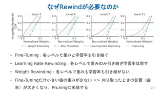なぜRewindが必要なのか
29
• Fine-Tuning：各レベルで重みと学習率を引き継ぐ
• Learning Rate Rewinding：各レベルで重みのみ引き継ぎ学習率は戻す
• Weight Rewinding：各レベルで重みも...