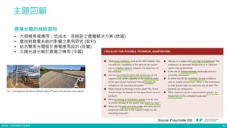©ITRI. 工業技術研究院著作
主題回顧
10
農業光電的技術面向
• 大規模案場應用：低成本、長跨距之農電解決方案 (德國)
• 塵埃對農電系統的影響之案例研究 (智利)
• 結合雙面光電板於農電應用設計 (荷蘭)
• 太陽光譜分解於農電之應用 (中國)
Source: Fraunhofer ISE
 